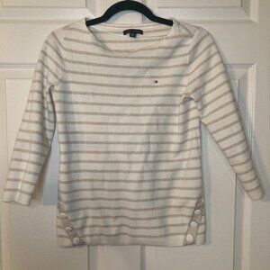 Tommy Hilfiger Women's 3/4 Sleeve Sweater - White/Beige Striped - Size XS